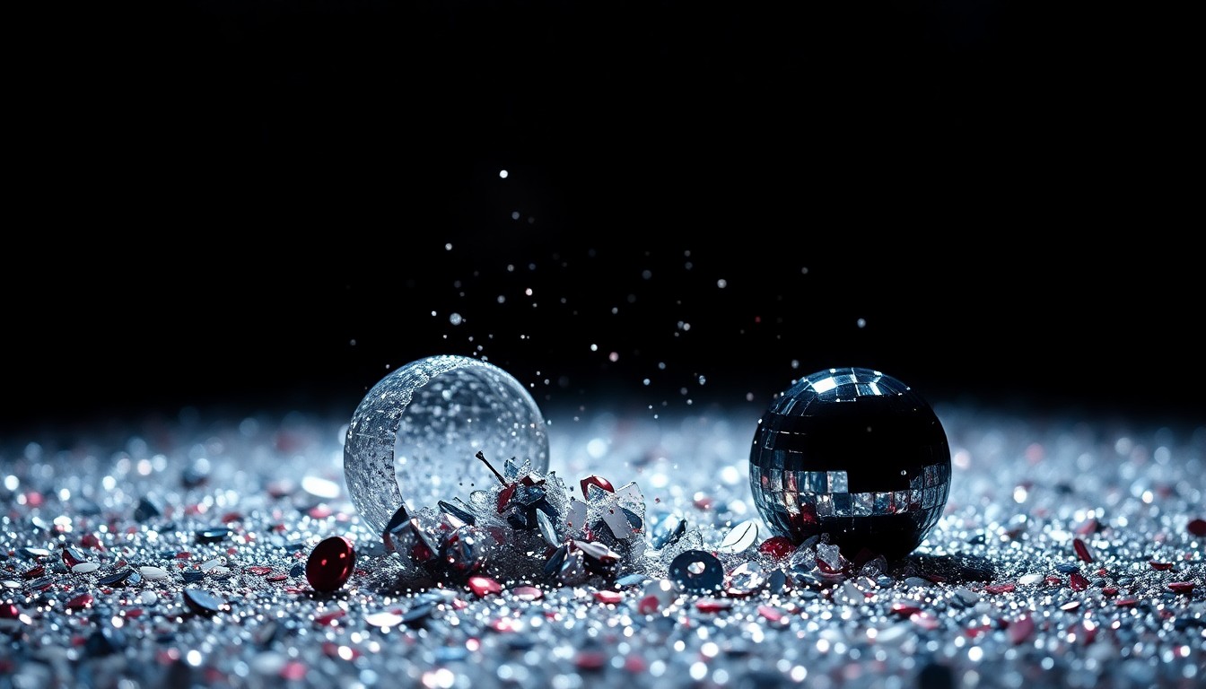 An abstract close-up photograph of shimmering sequins and shattered glass, capturing the glitz and energy of a major music festival performance.