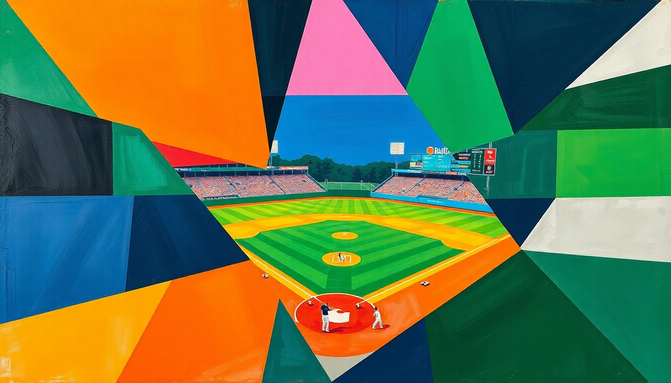 A cubist, geometric painting depicting the dynamic action of a college baseball game, with sharp planes of bright orange, navy blue, and forest green intersecting to create a sense of movement and energy.