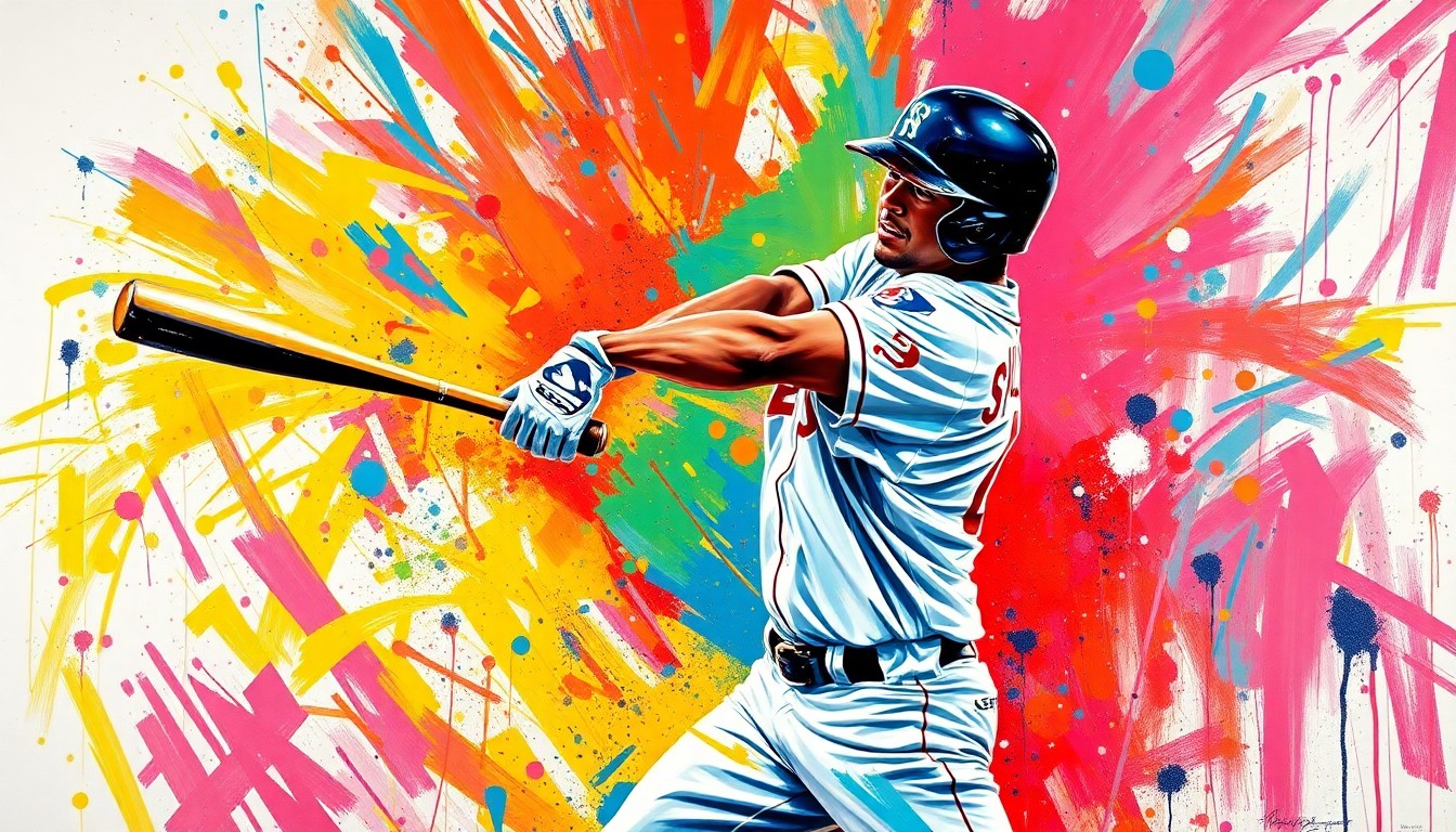 An extreme close-up of Ichiro Suzuki's iconic broken-bat baseball swing, captured in a vibrant, expressionist painting style with rapid brushstrokes and neon colors that dissolve the bat fragments into unrecognizable splatters, conceptually representing the resilience and determination that defined the baseball legend's career.