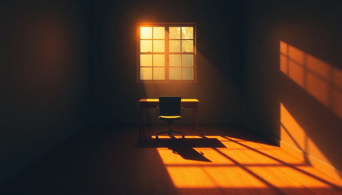 A dimly lit office space with a lone desk and chair, bathed in warm, golden light streaming through a window, creating a sense of quiet contemplation and reflection on the complex issues surrounding the investigation.