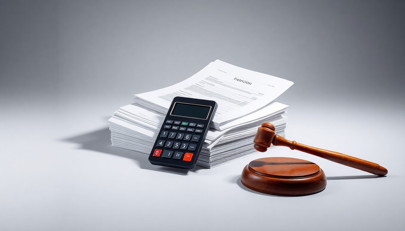 A photorealistic studio still-life featuring a stack of financial documents, a calculator, and a gavel floating on a clean, monochromatic background, symbolizing the abstract corporate strategy and legal proceedings surrounding an investigation into a food company.