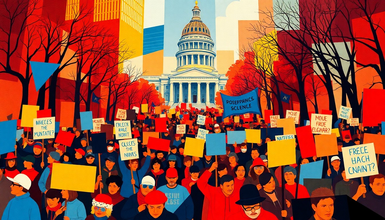 A dynamic, fractured painting depicting a large crowd of protesters marching through the streets of Minnesota, with the state capitol building visible in the background. The image conveys the energy and momentum of the 'No Kings' movement, using bold, overlapping geometric shapes and vibrant colors to create a sense of movement and urgency.