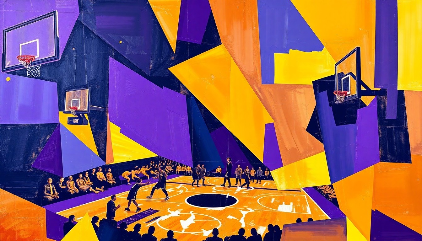 A cubist, geometric painting depicting a basketball game, with sharp, overlapping planes of color representing the dynamic action on the court.