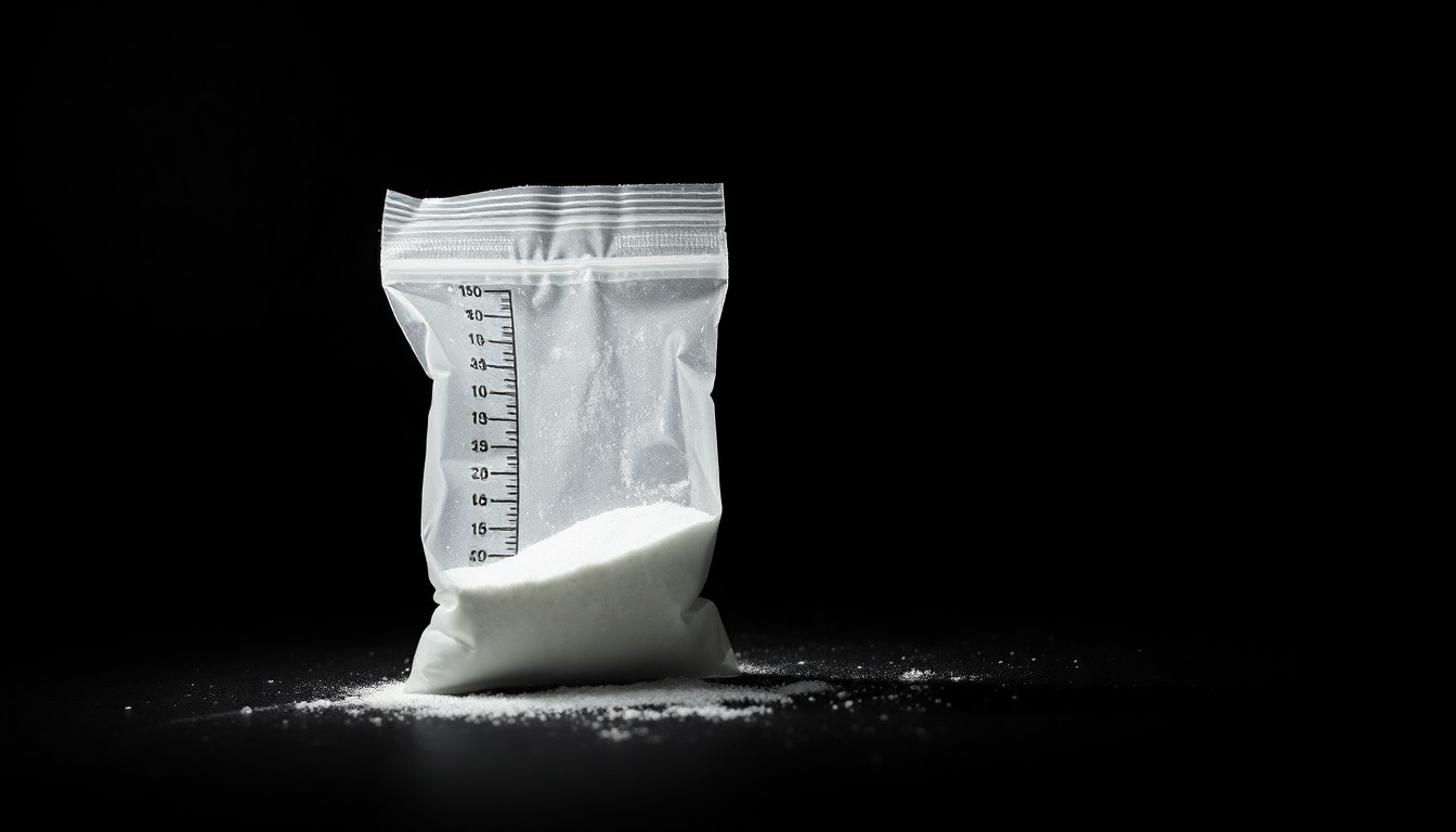 An extreme close-up photograph of a small plastic bag containing an unidentified white powder substance, lit by a harsh, direct camera flash against a pitch-black background, conceptually representing the drug charges faced by the former baseball player.