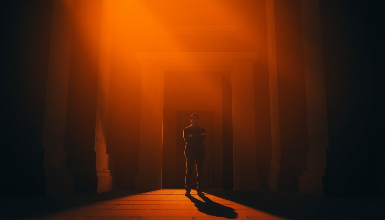 A solitary figure standing in the doorway of a government building, the scene bathed in warm, cinematic lighting that creates a contemplative, nostalgic mood, conveying the tension between individual rights and government authority.