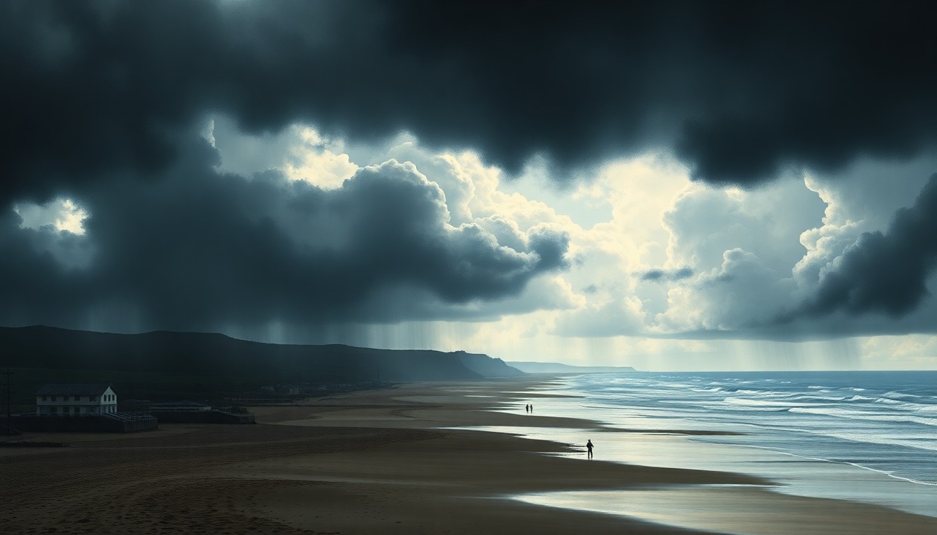 A vast, atmospheric landscape painting in muted tones of gray, blue, and green, depicting a stormy seascape with dark, roiling clouds obscuring the horizon and silhouetted beachgoers along the shoreline, conveying the overwhelming power and scale of a severe weather event.
