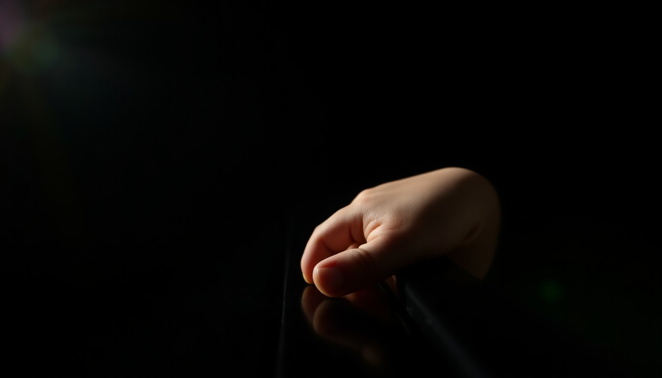 An extreme close-up photograph of a child's small hand grasping a metal park bench, the harsh flash creating dramatic shadows and textures that conceptually represent the vulnerability of a lost child and the unexpected heroism of a homeless rescuer.