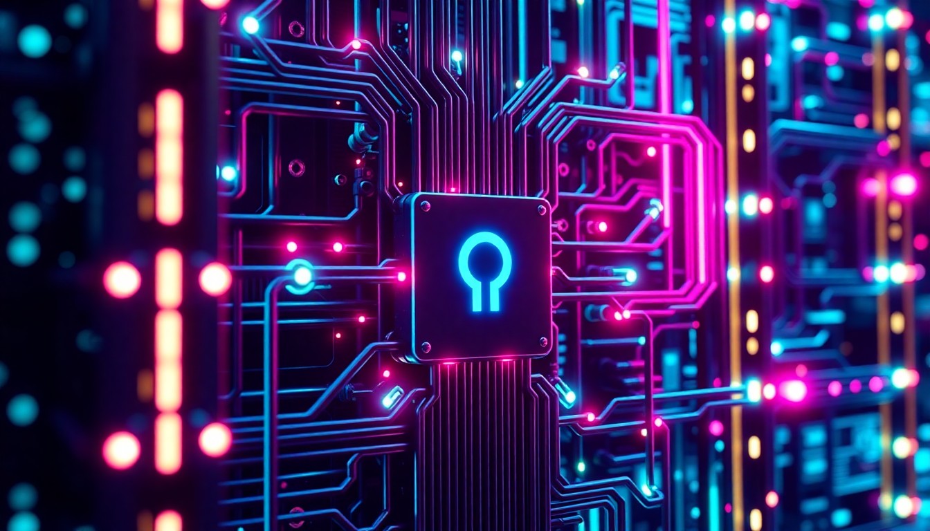 A highly detailed, glowing 3D illustration of a complex cybersecurity infrastructure system, with neon cyan and magenta lights representing the advanced AI capabilities that are exposing weaknesses in traditional software.