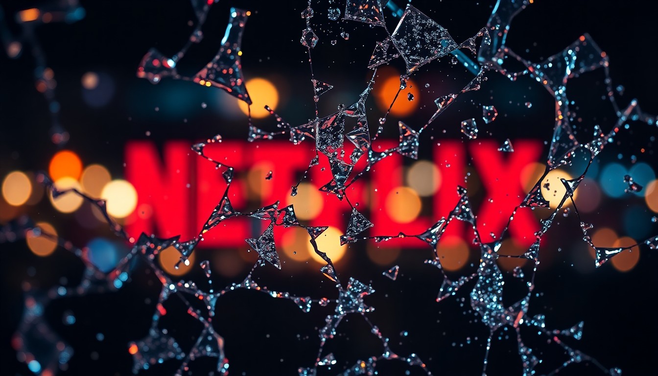 An abstract close-up photograph featuring shattered glass and glittering lights, conceptually representing the tension between Netflix's high-tech streaming approach and the traditional, community-driven nature of baseball.