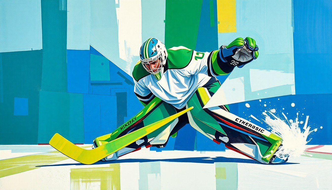 A cubist-style painting depicting a hockey goaltender's equipment and movements broken down into sharp, overlapping geometric shapes in vibrant blues, greens, and whites, capturing the fragmented nature of a professional athlete's career.