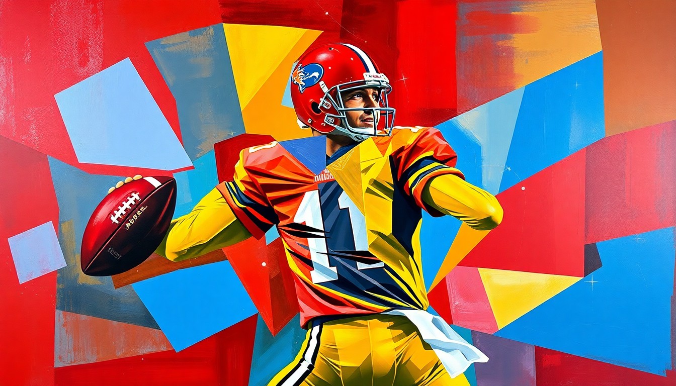 A dynamic, abstract painting in the style of Pablo Picasso, with sharp, overlapping geometric shapes and planes of color representing a quarterback in motion, symbolizing the challenges Florida State faces in solidifying the position.