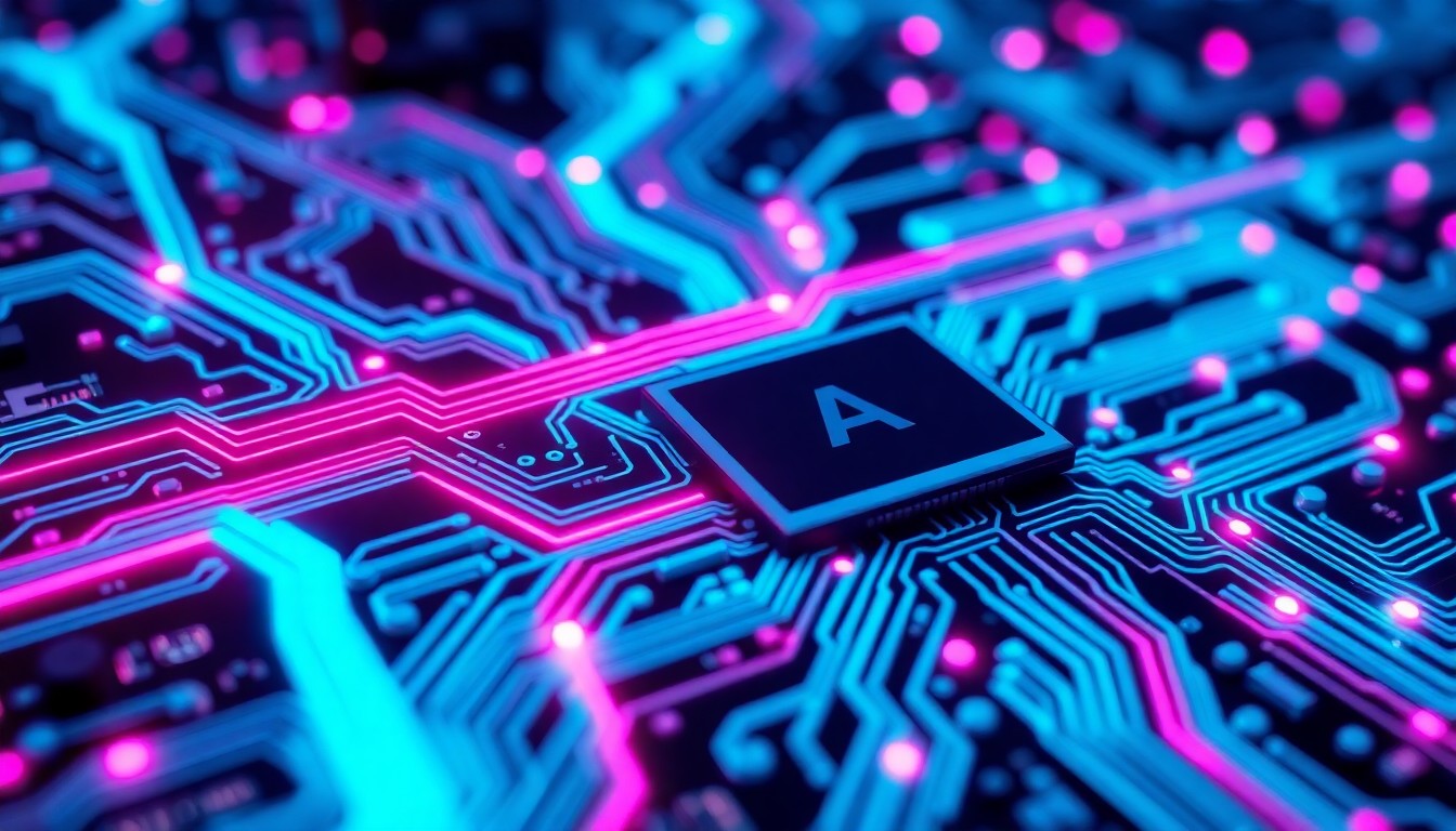 A highly detailed, glowing 3D macro illustration of a complex circuit board with neon cyan and magenta lights pulsing through the interconnected components, conceptually representing the intricate software infrastructure that enables AI agents to achieve dramatic productivity gains.