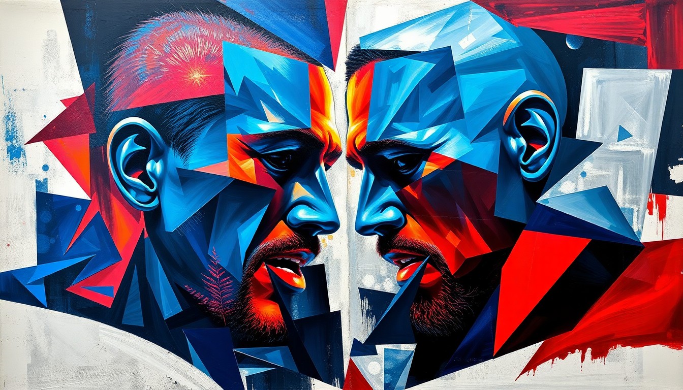 A fractured, geometric painting depicting the intense action and movement of a UFC light heavyweight title fight, with sharp planes of color and overlapping forms conveying the raw energy and unpredictability of the matchup.