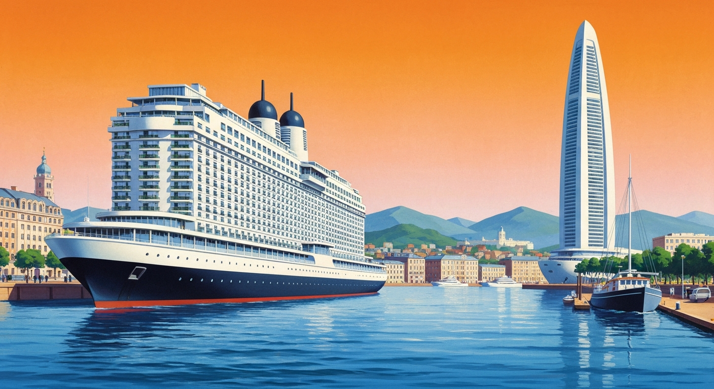 A highly stylized, geometric illustration depicting a towering, streamlined floating hotel structure set against the backdrop of a sweeping, airbrushed harbor landscape, capturing the grand scale and innovative vision of the proposed development.