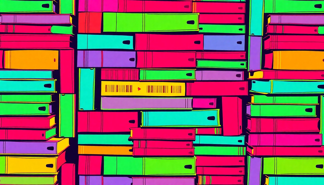 A vibrant, high-contrast silkscreen print featuring a repeating grid of brightly colored college textbooks, conceptually representing the accessibility of elite higher education.