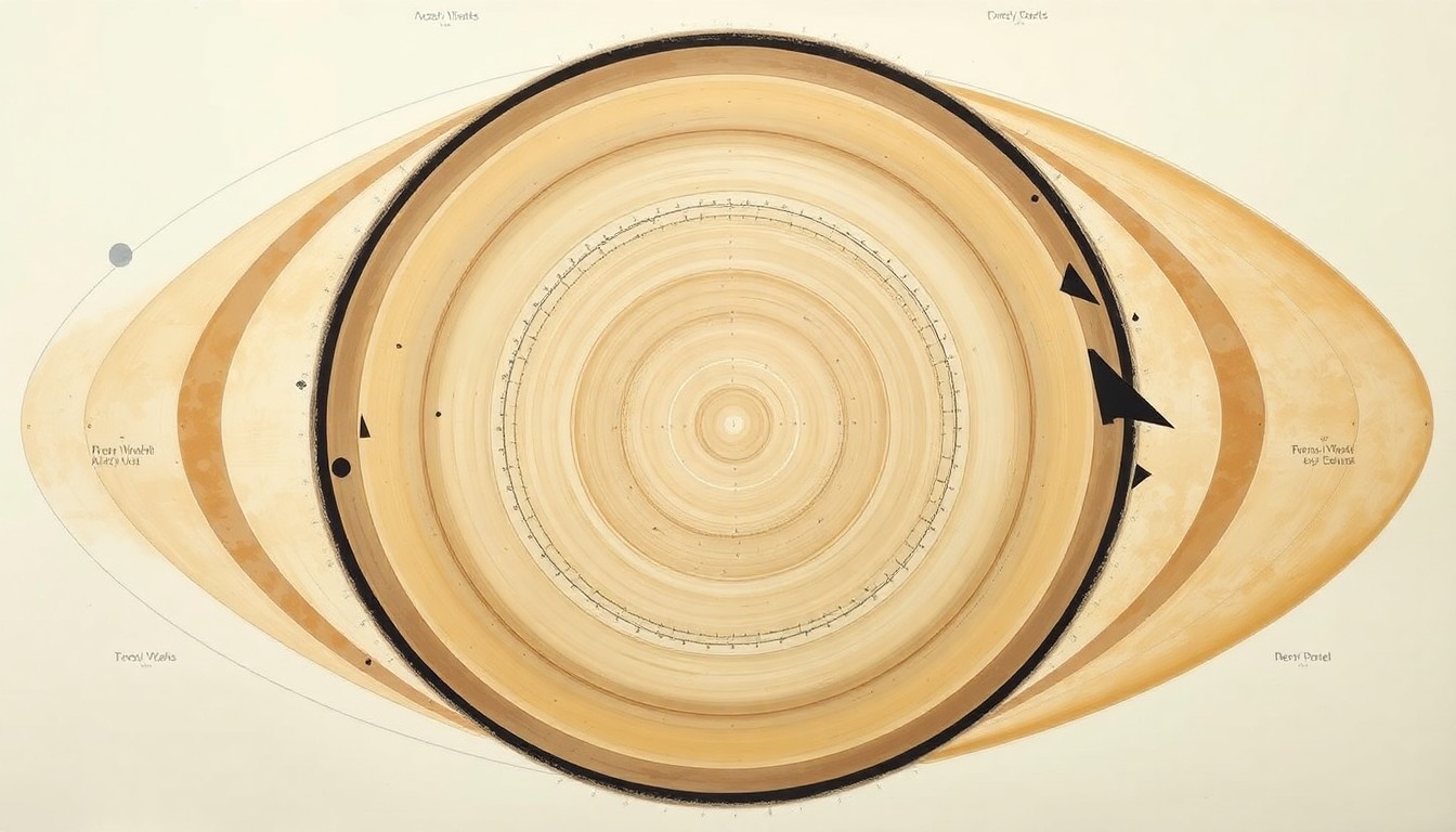 An abstract, highly structured painting in soft, earthy tones featuring sweeping geometric arcs, concentric planetary circles, and precise botanical spirals, conceptually representing the complex forces and cosmic phenomena encountered by the Artemis II crew during their lunar flyby.