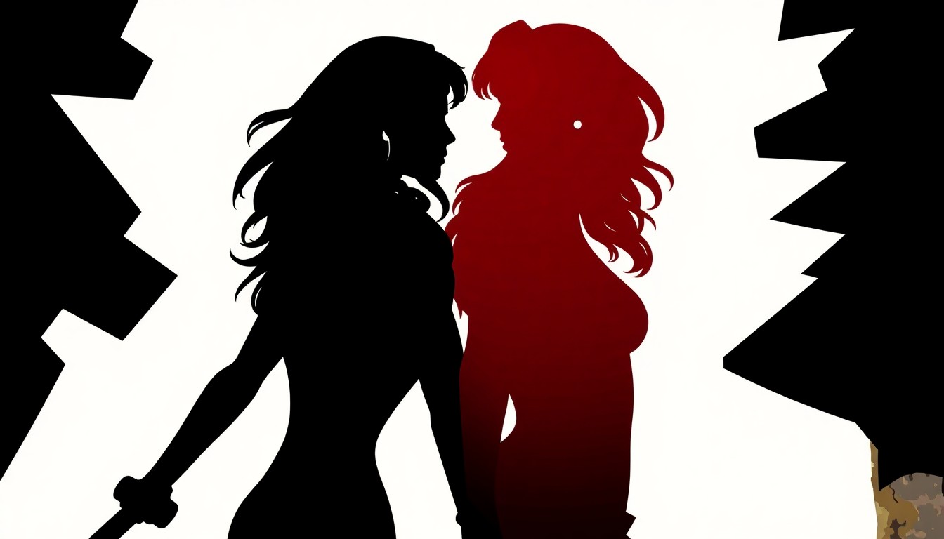 An abstract, minimalist illustration featuring stark black silhouettes of Xena and Gabrielle in a dramatic, high-contrast composition that captures the emotional weight and divisive legacy of the series finale.