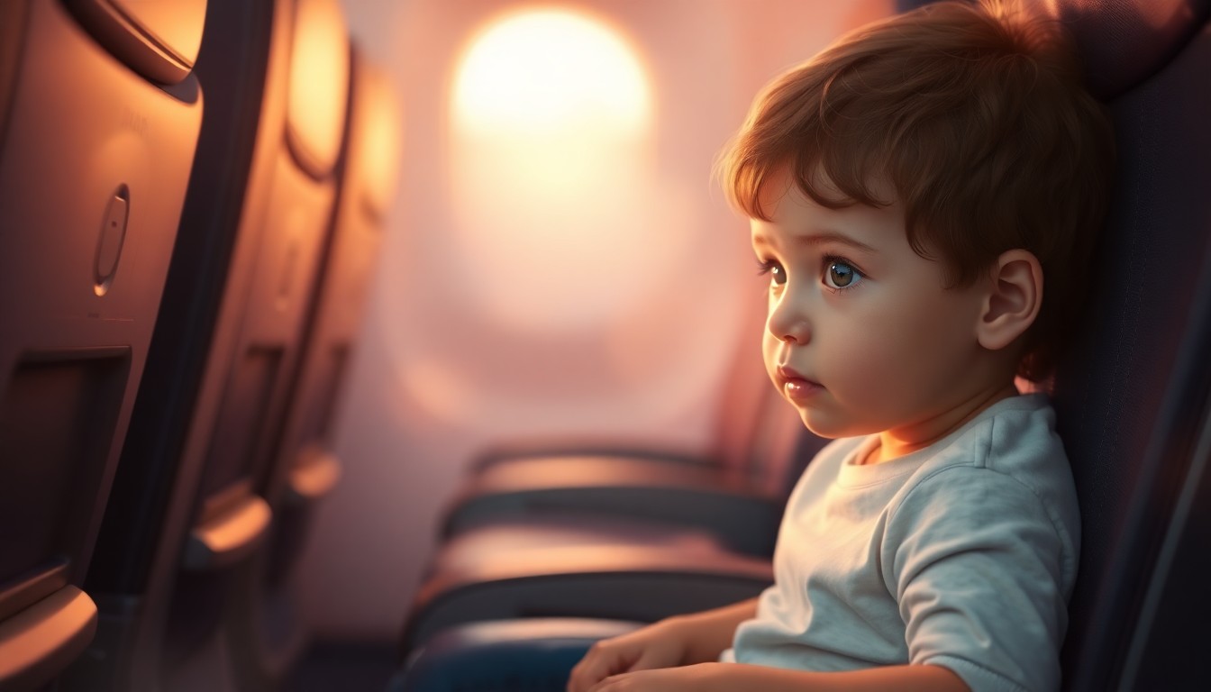 An extremely abstracted, out-of-focus photograph of a young child sitting on an airplane seat, surrounded by blurred airplane seats and windows, with warm pools of light and color creating a dreamlike, comforting atmosphere that captures the emotional journey of a child overcoming a life-threatening illness.