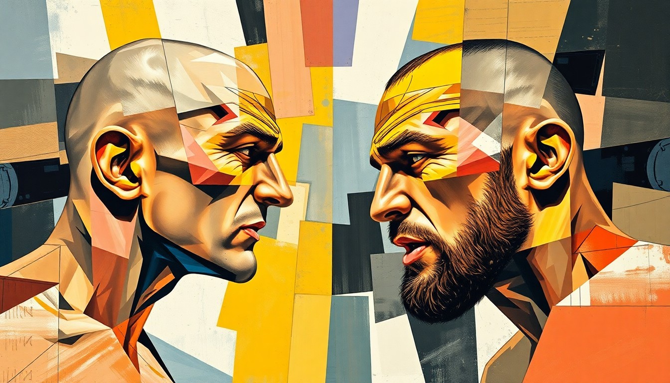 A fractured, geometric painting depicting the dynamic movements and power of two heavyweight fighters engaged in a high-stakes UFC match, conveying the intensity and unpredictability of the anticipated bout.
