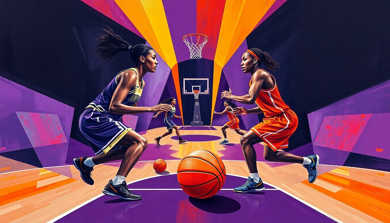 A fractured, multi-perspective painting in the style of Pablo Picasso, with sharp, overlapping geometric shapes in deep purple, bright orange, and metallic silver representing the players, court, and ball of a WNBA basketball game.