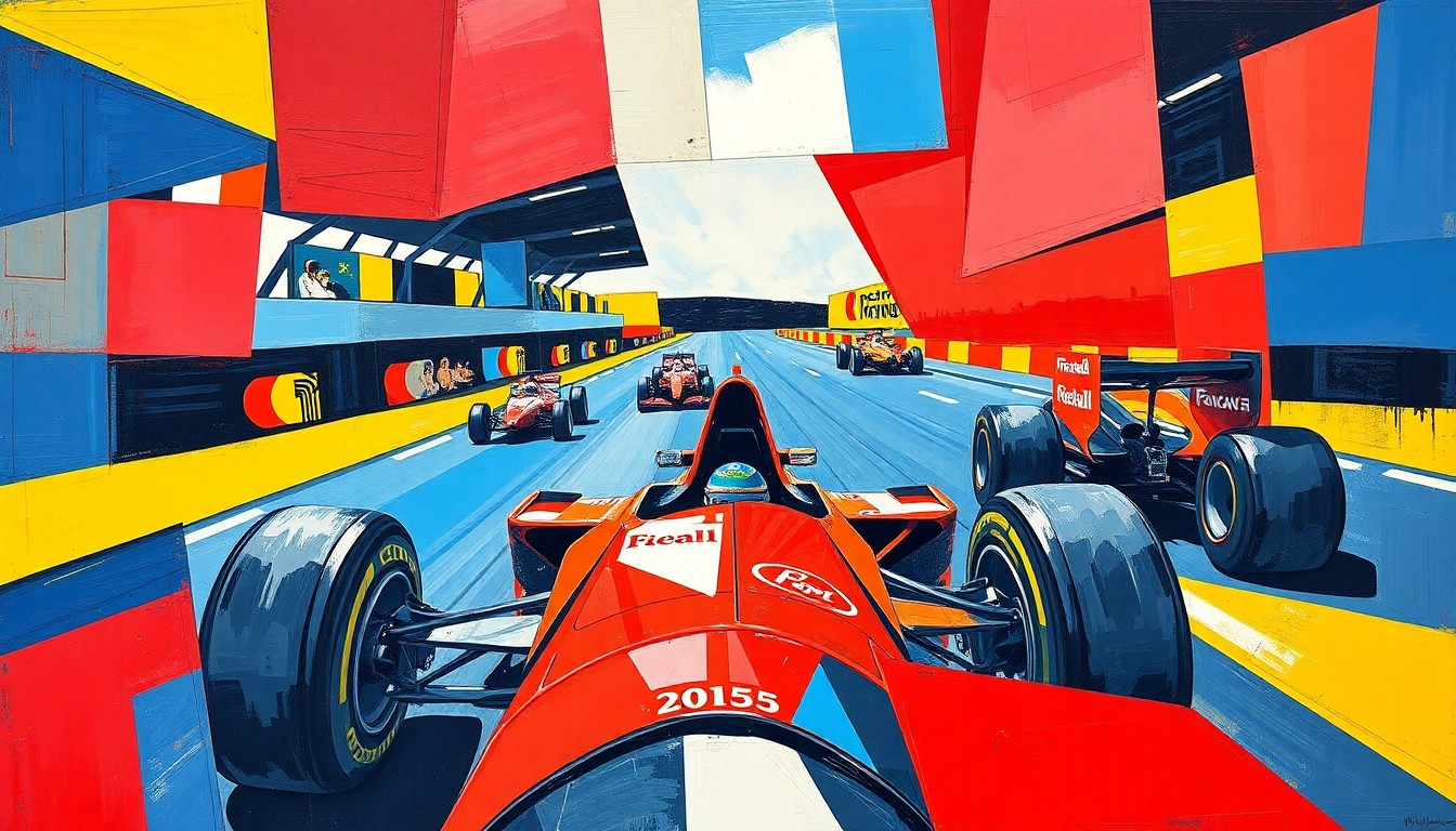 A cubist, geometric painting depicting a fragmented Formula 1 race scene, with sharp planes of red, blue, and yellow creating a dynamic, multi-perspective view of the high-speed action on the track.