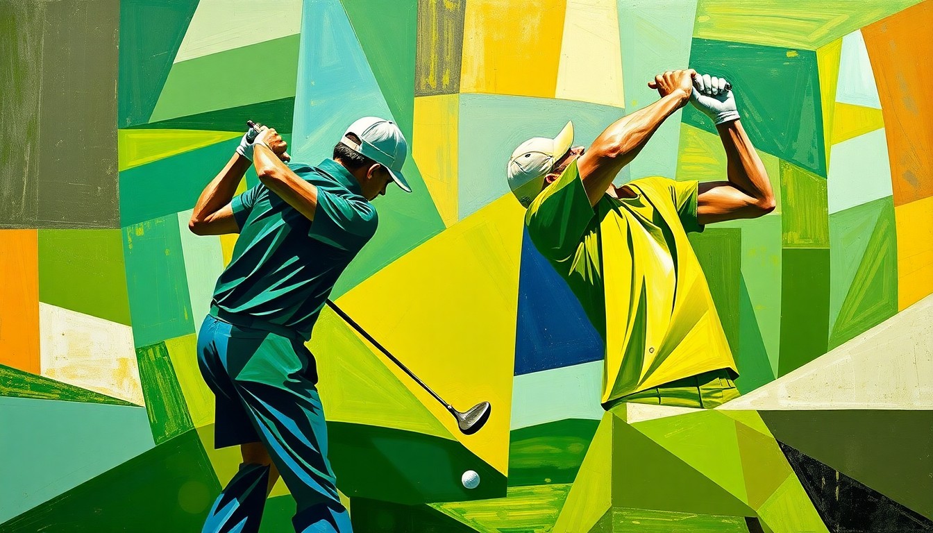 A fragmented, geometric painting depicting the abstract forms of two golfers engaged in a match, with their bodies and movements broken down into sharp, overlapping planes of color.