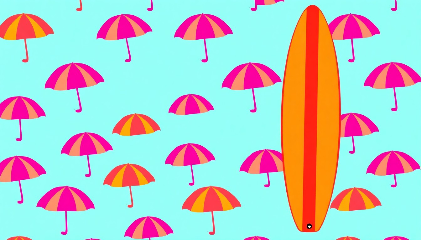 A brightly colored, high-contrast silkscreen print of a single, iconic Siesta Key beach umbrella repeated in a tight grid pattern, conceptually representing the island's efforts to revitalize its coastal lifestyle and appeal to visitors.