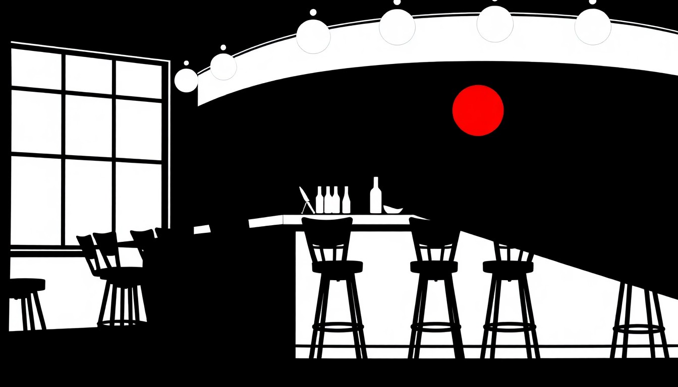 A minimalist black and white illustration depicting the stark silhouette of a bar counter and stools, with a single bright red accent element to symbolize the tension and drama of a struggling business.