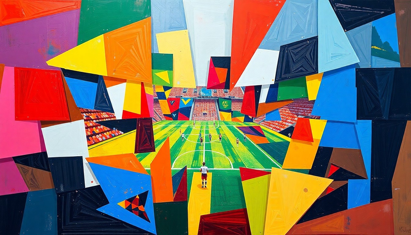 A fragmented, cubist-style painting depicting the action and energy of a Union II soccer match, with sharp geometric shapes and planes of the team's blue and gold colors.