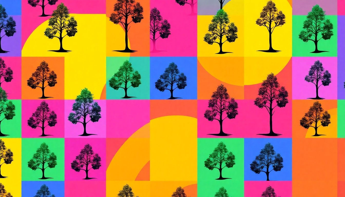 A bold, graphic illustration composed of a repeating pattern of a young tree sapling in bright neon greens, blues, and oranges, conceptually representing the city's ambitious tree planting program and community involvement.