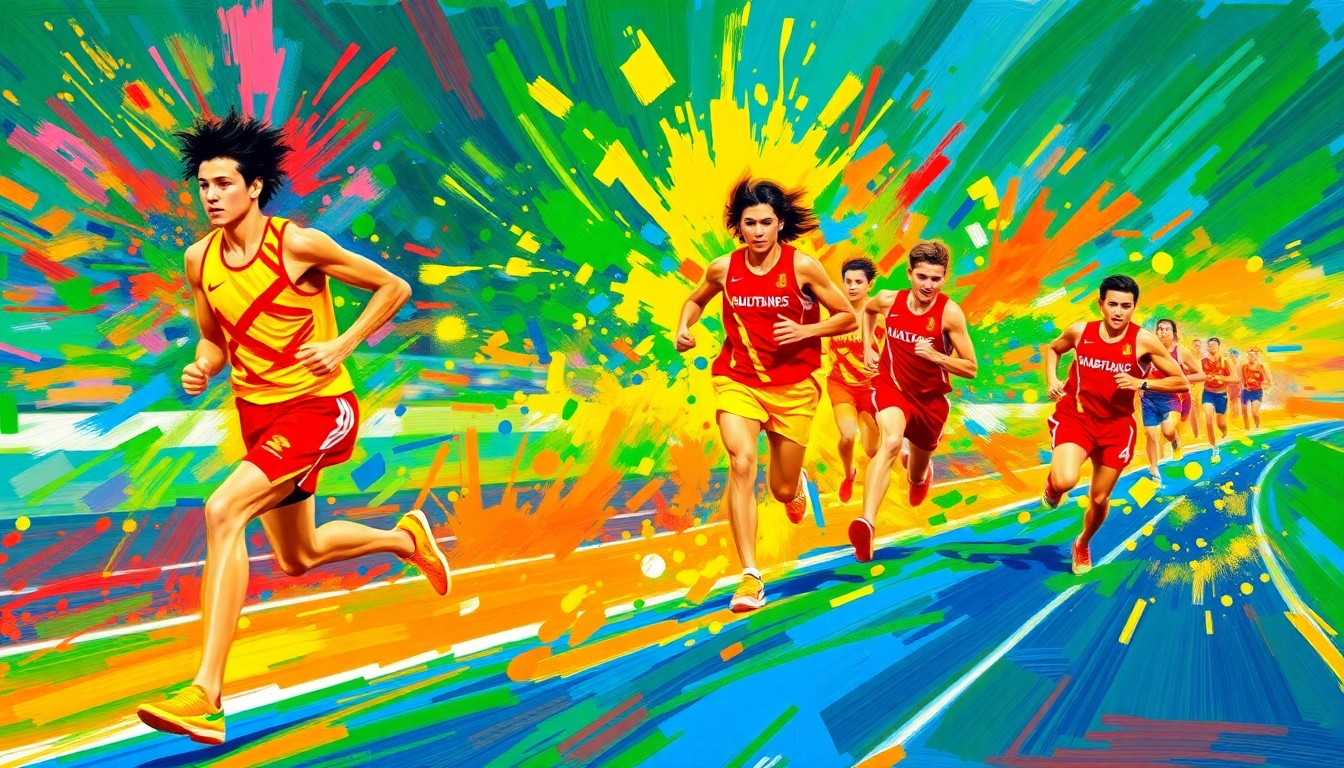 An abstract expressionist painting in vibrant neon colors, with blurred, energetic brushstrokes representing the dynamic motion and competitive spirit of a high school track and field event.