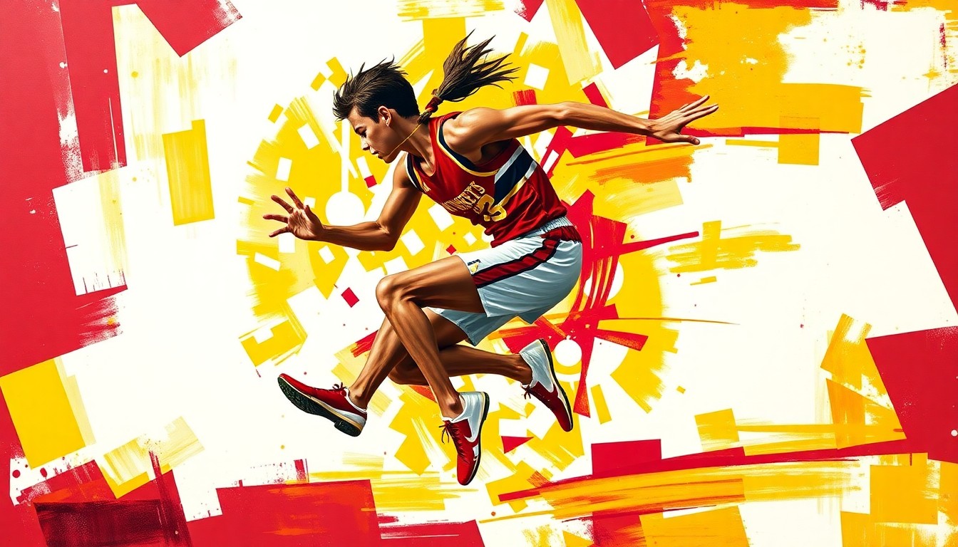 A cubist, geometric painting in maroon, gold, and white, depicting the dynamic motion and energy of a high school athlete competing in the triple jump event.