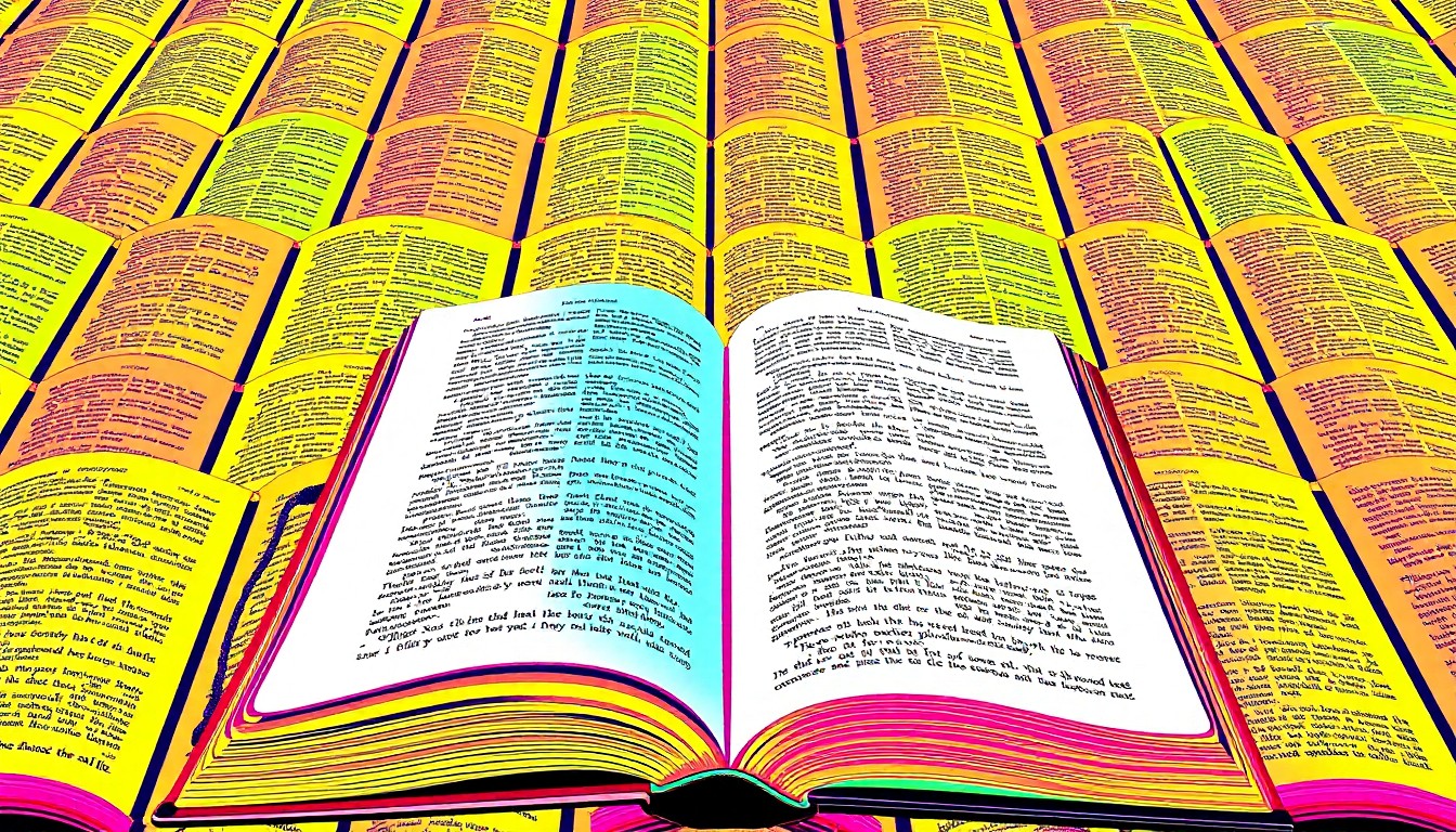 A highly stylized, silkscreen-inspired illustration featuring an open Bible repeated in a grid pattern, rendered in a bold, neon color palette with heavy black outlines, conceptually representing a new Christian study series that examines denominational teachings through the lens of Scripture.