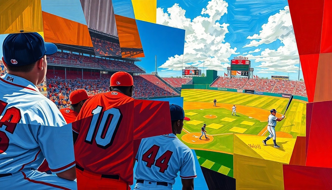 A cubist, geometric painting depicting a baseball game, with sharp, overlapping planes of bright red, blue, and gold colors representing the uniforms of the competing teams.