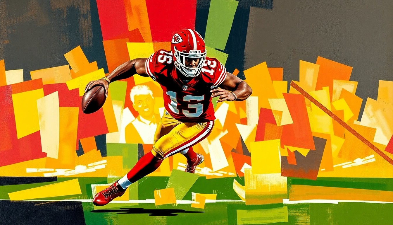 A fragmented, cubist-style painting depicting a football player in mid-sack motion, with sharp geometric planes in the Chiefs' colors of red, gold, and black, capturing the raw energy and power of the defensive play.
