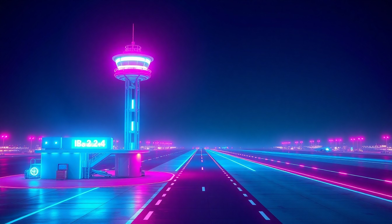 A highly detailed, glowing 3D illustration of a futuristic air traffic control tower and runway lights, with the scene bathed in vibrant neon cyan and magenta hues to convey the high-tech, digital nature of modern aviation infrastructure.