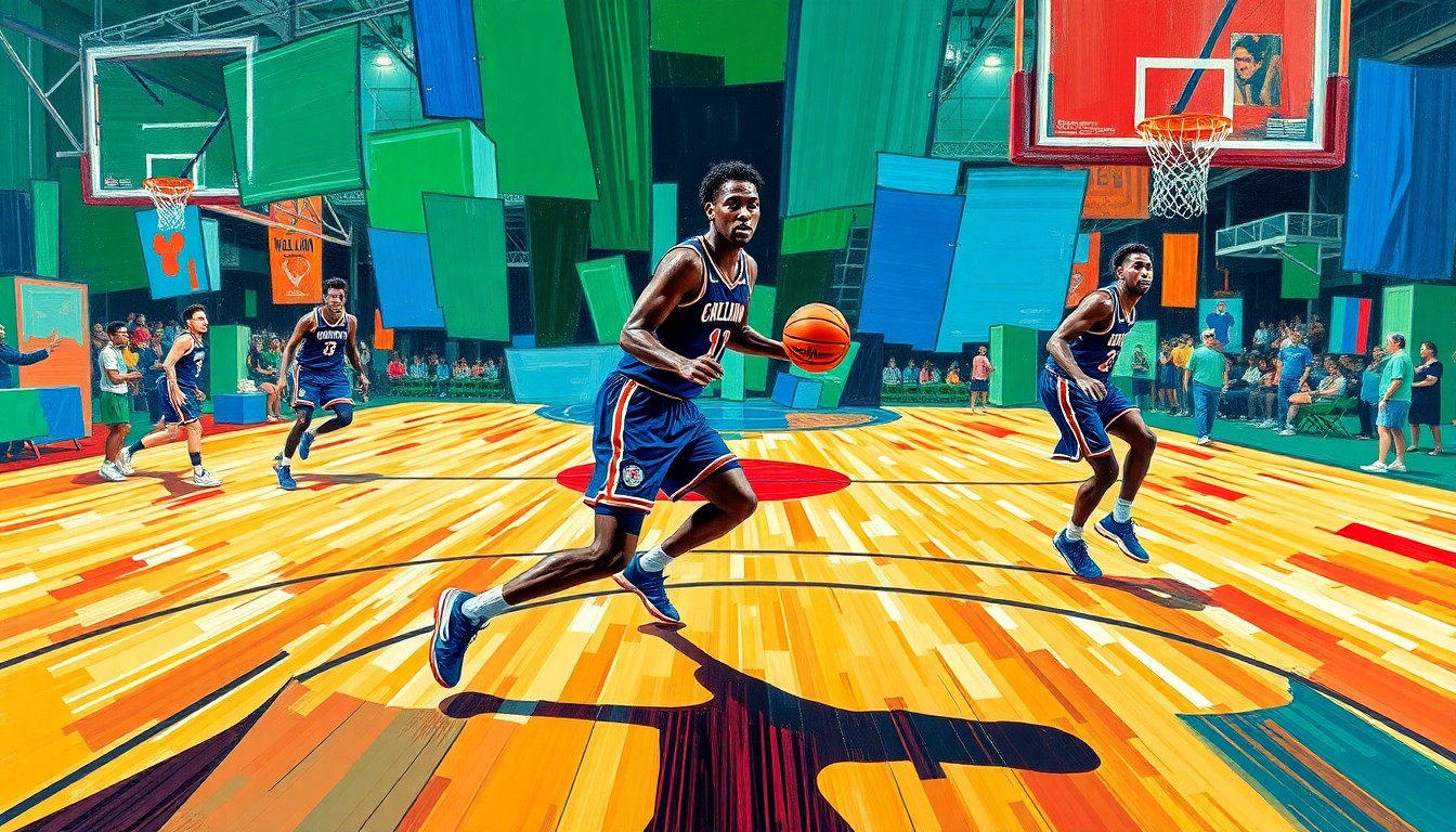 A fragmented, geometric painting depicting the fluid movements and actions of a basketball player, rendered in a cubist style with bold, overlapping shapes and vibrant colors.