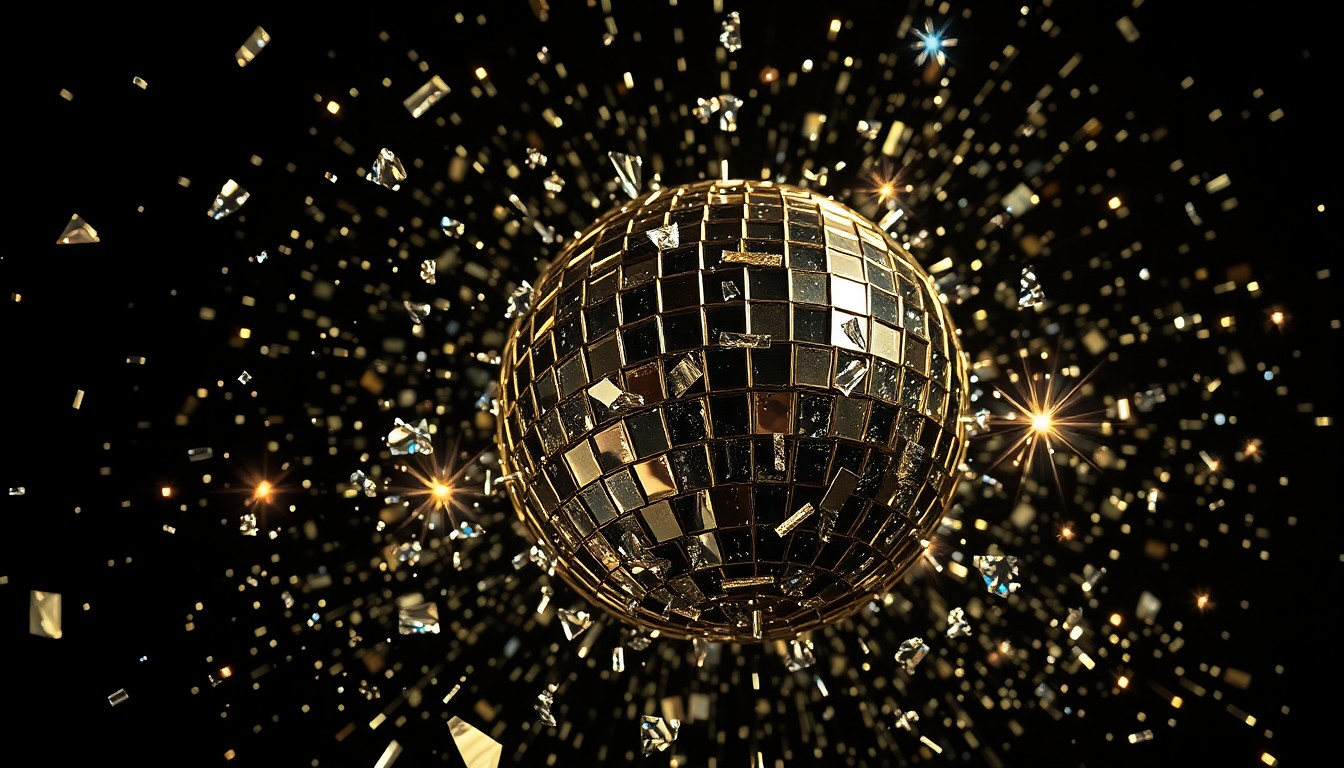 An extreme close-up photograph of shattered glass fragments from a disco ball, sparkling against a dark background, conceptually representing the explosive drama and chaos unfolding in the fictional town of Genoa City.