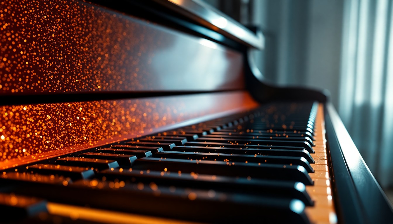 An abstract close-up photograph of a piano keyboard covered in glittering, high-contrast textures, capturing the glamorous, high-fashion aesthetic of Barve's romantic song.