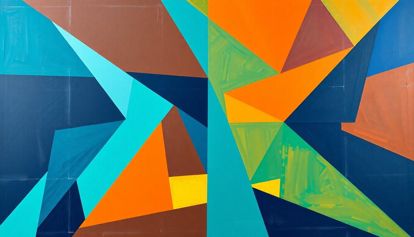 A cubist, geometric painting depicting a fragmented basketball game, with overlapping planes of navy, teal, and orange conveying the energy and movement of the sport.