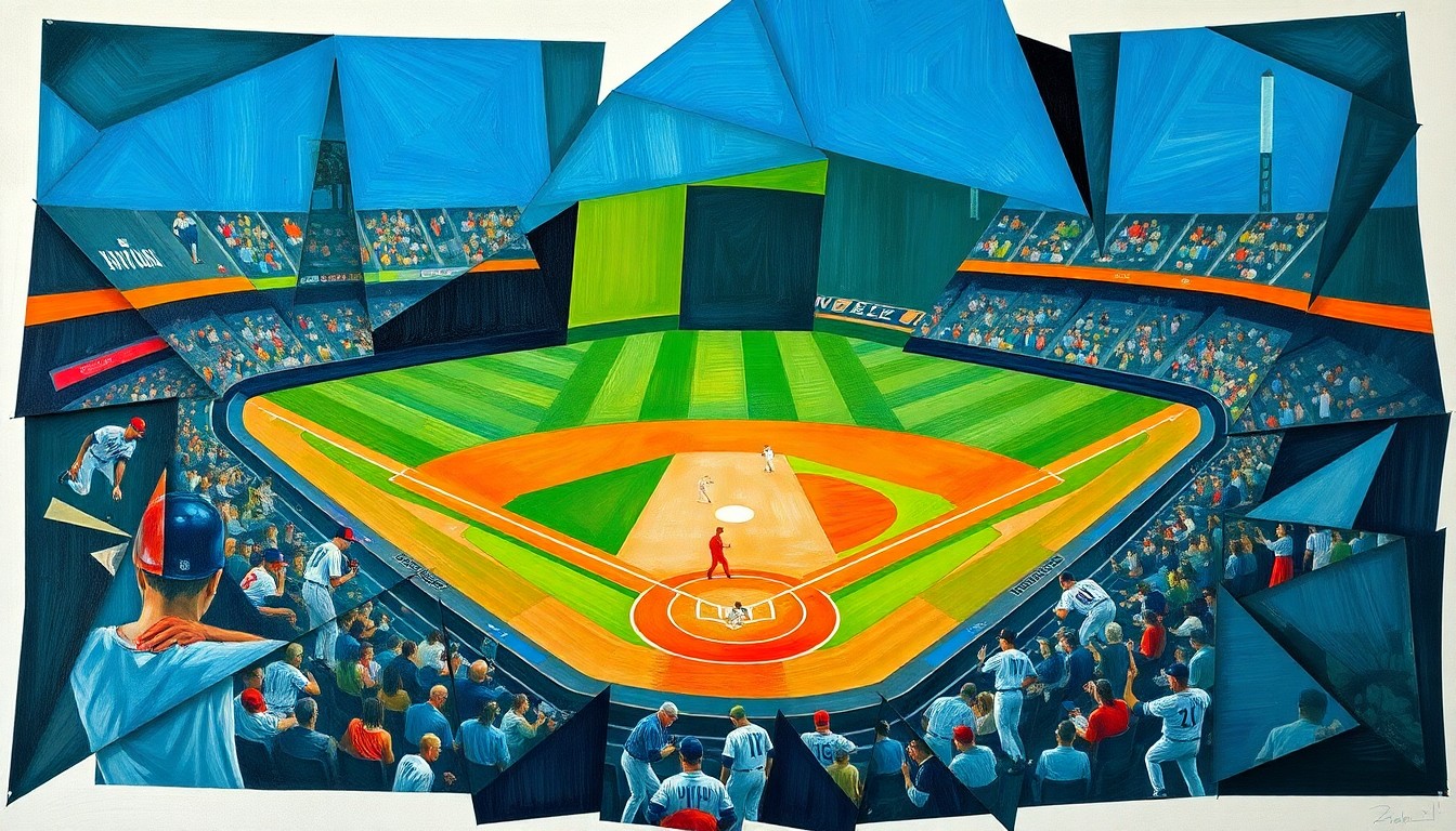 A cubist-style painting featuring sharp, overlapping geometric shapes in shades of blue, green, and orange, representing the fragmented and disjointed nature of the Mets' offense during their recent struggles.