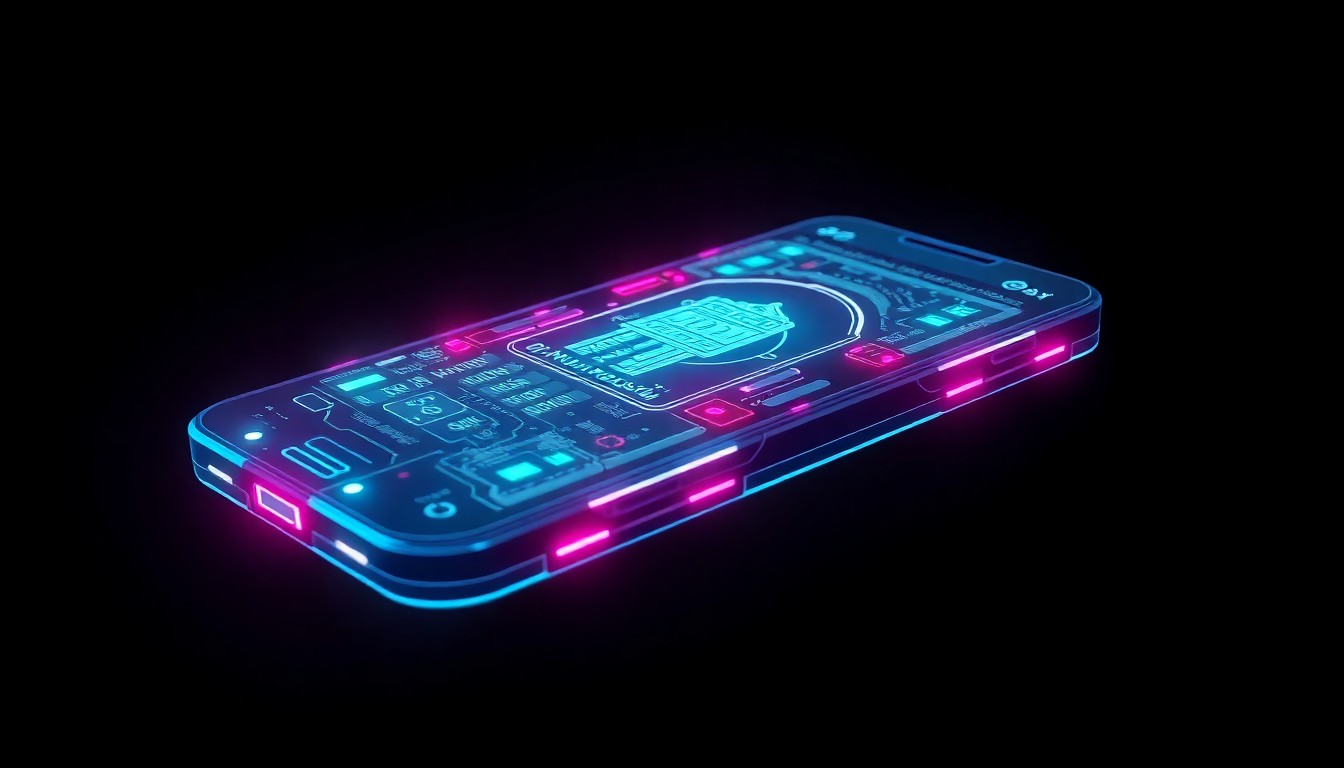 A highly detailed, glowing 3D illustration of a futuristic, neon-lit smartphone or mobile device, with intricate circuitry and digital interfaces pulsing with cyan and magenta lights, floating against a dark, shadowy background to symbolize the direct digital connection between the White House and citizens.