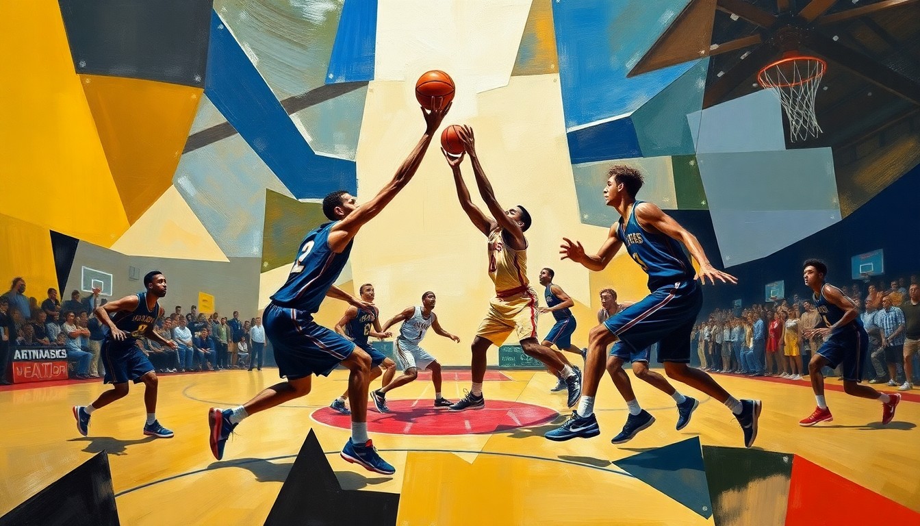 A fractured, geometric painting depicting the dynamic motion and energy of a college basketball game, with the players' forms broken down into abstract shapes and planes.