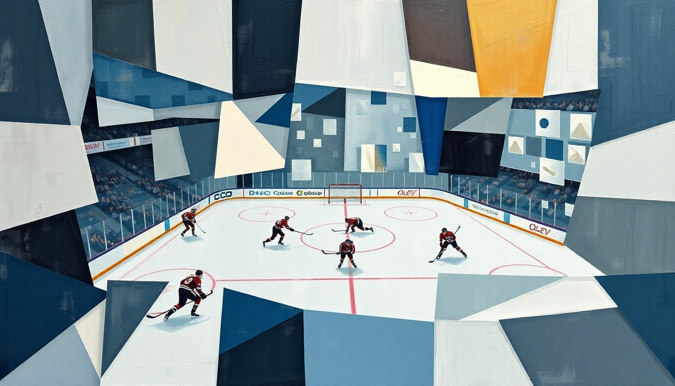A fractured, multi-perspective painting featuring sharp, overlapping geometric planes in muted blues, grays, and whites, with hints of red and yellow, conceptually representing the Dallas Stars' defensive-focused hockey strategy.