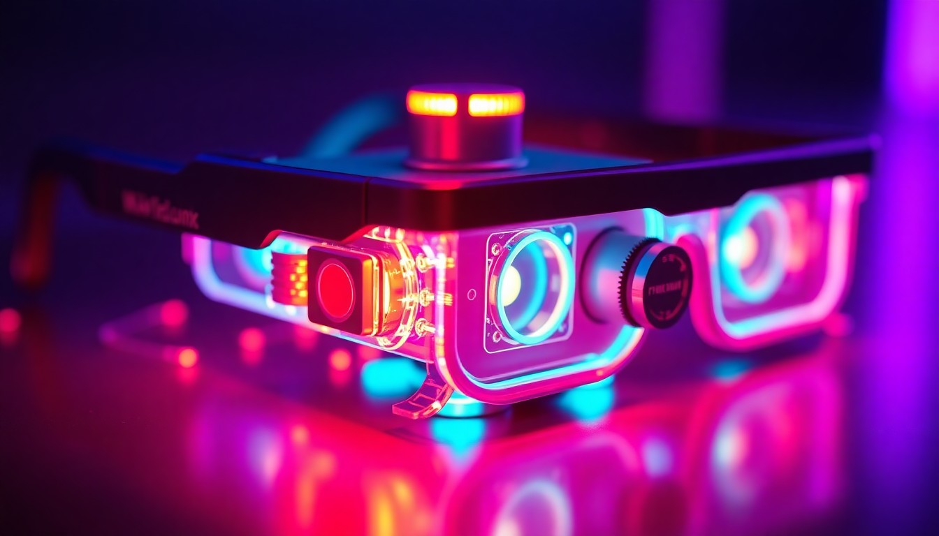 A highly detailed, glowing 3D macro illustration of a futuristic waveguide smart glasses hardware component, such as a miniature projector or sensor array, illuminated by neon cyan and magenta lights, conceptually representing the complex technology behind these emerging wearable devices.