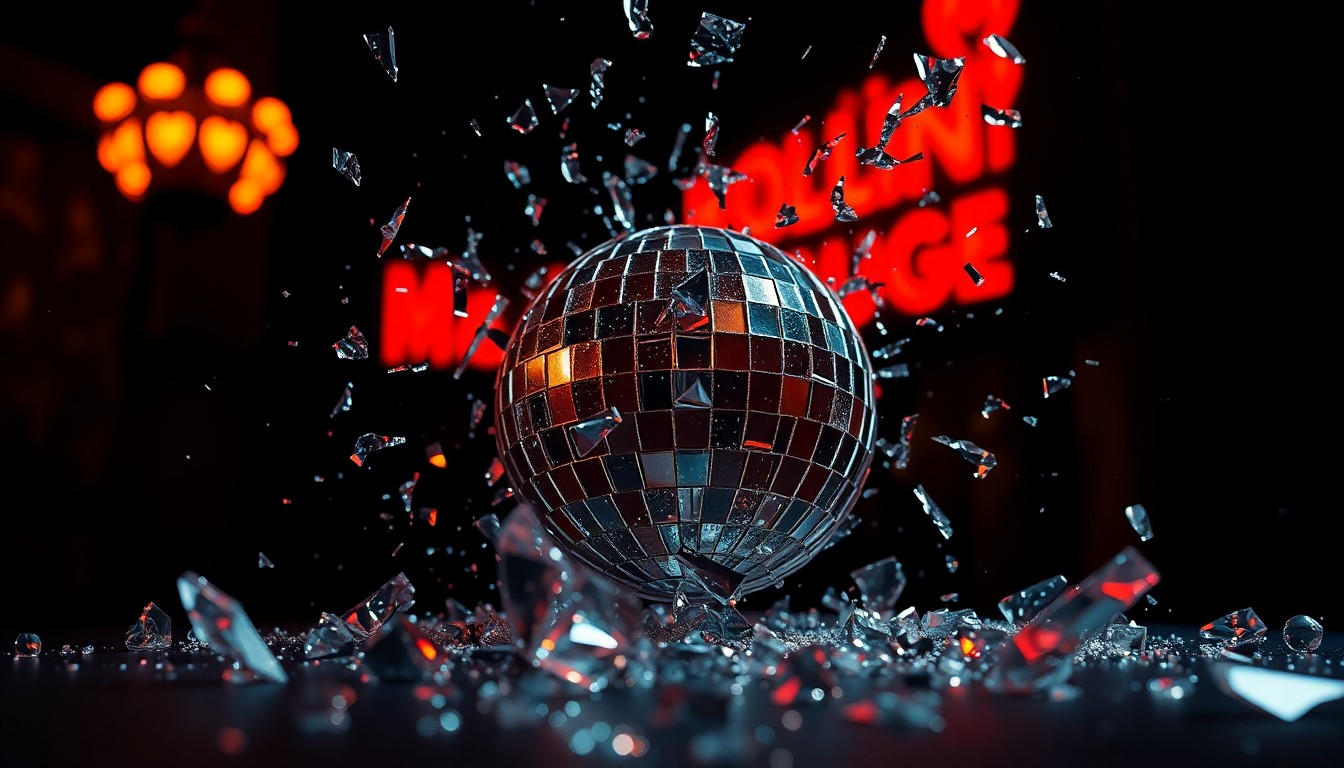 An abstract close-up image of shattered, glittering disco ball glass fragments, capturing the glamour and nostalgia of the Moulin Rouge reunion.