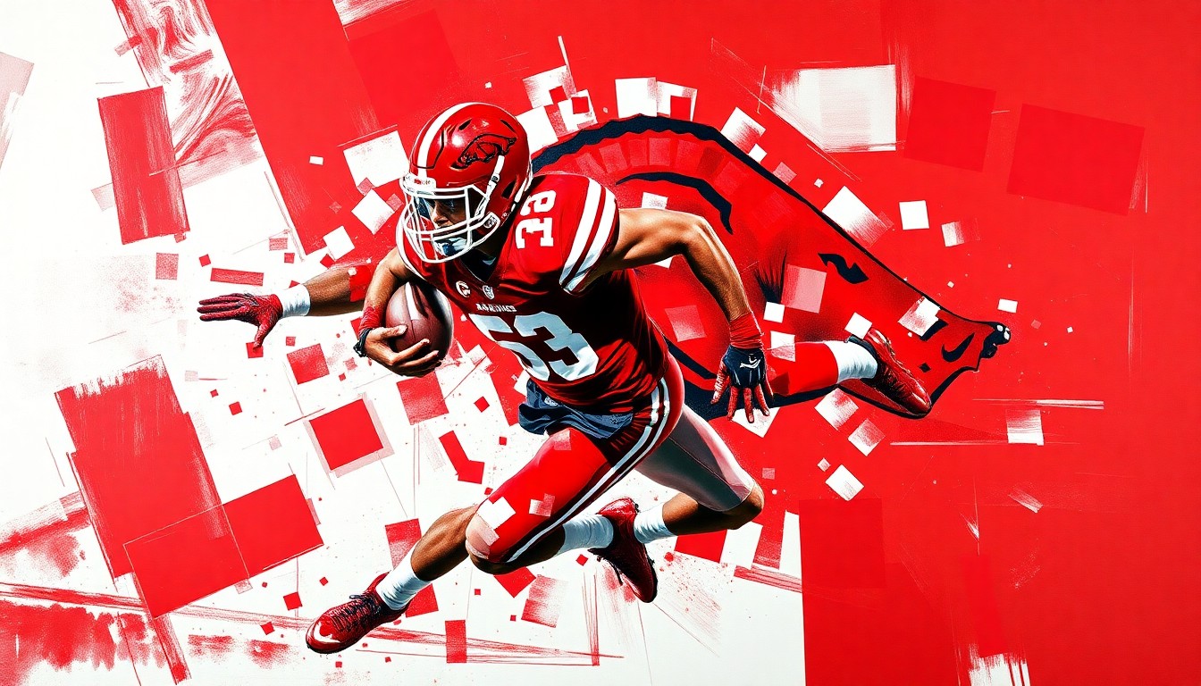 A cubist, geometric painting depicting an Arkansas football player in motion, with sharp, overlapping planes of cardinal red and white conveying the raw energy and power of the sport.