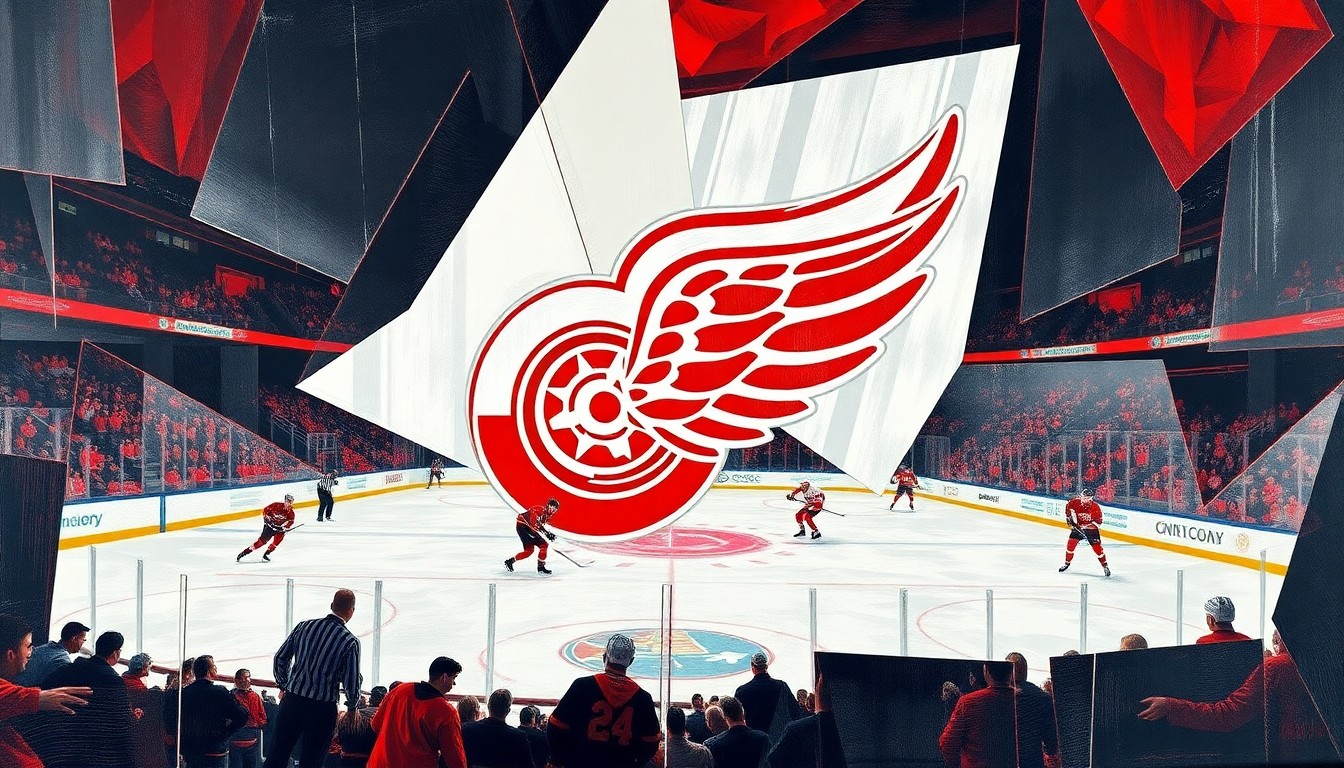 A fractured, multi-perspective painting breaking down a Red Wings hockey game into sharp, overlapping geometric shapes and planes, with the team's iconic logo barely visible among the abstract forms.