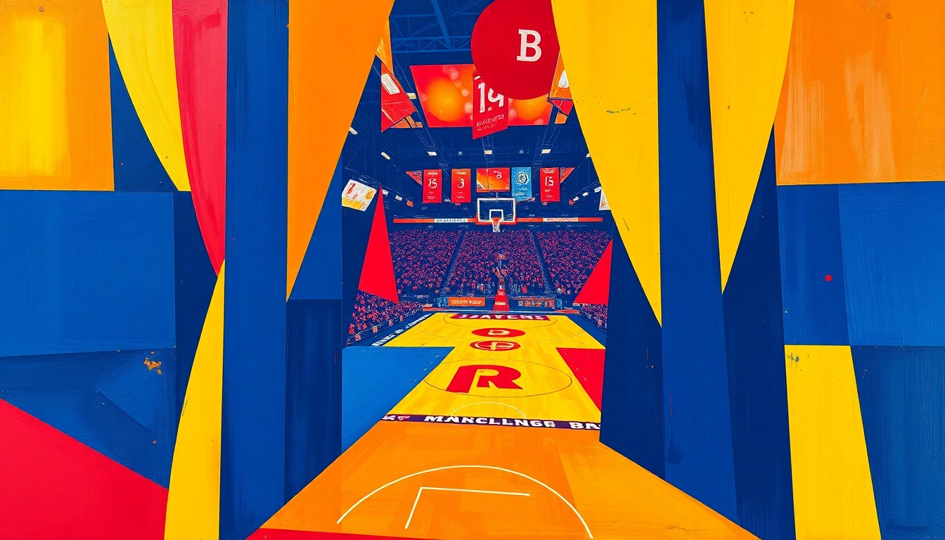A cubist-inspired painting depicting a college basketball game broken down into sharp, overlapping geometric shapes in navy, red, and gold, conveying the dynamic energy and strategic complexity of the sport.