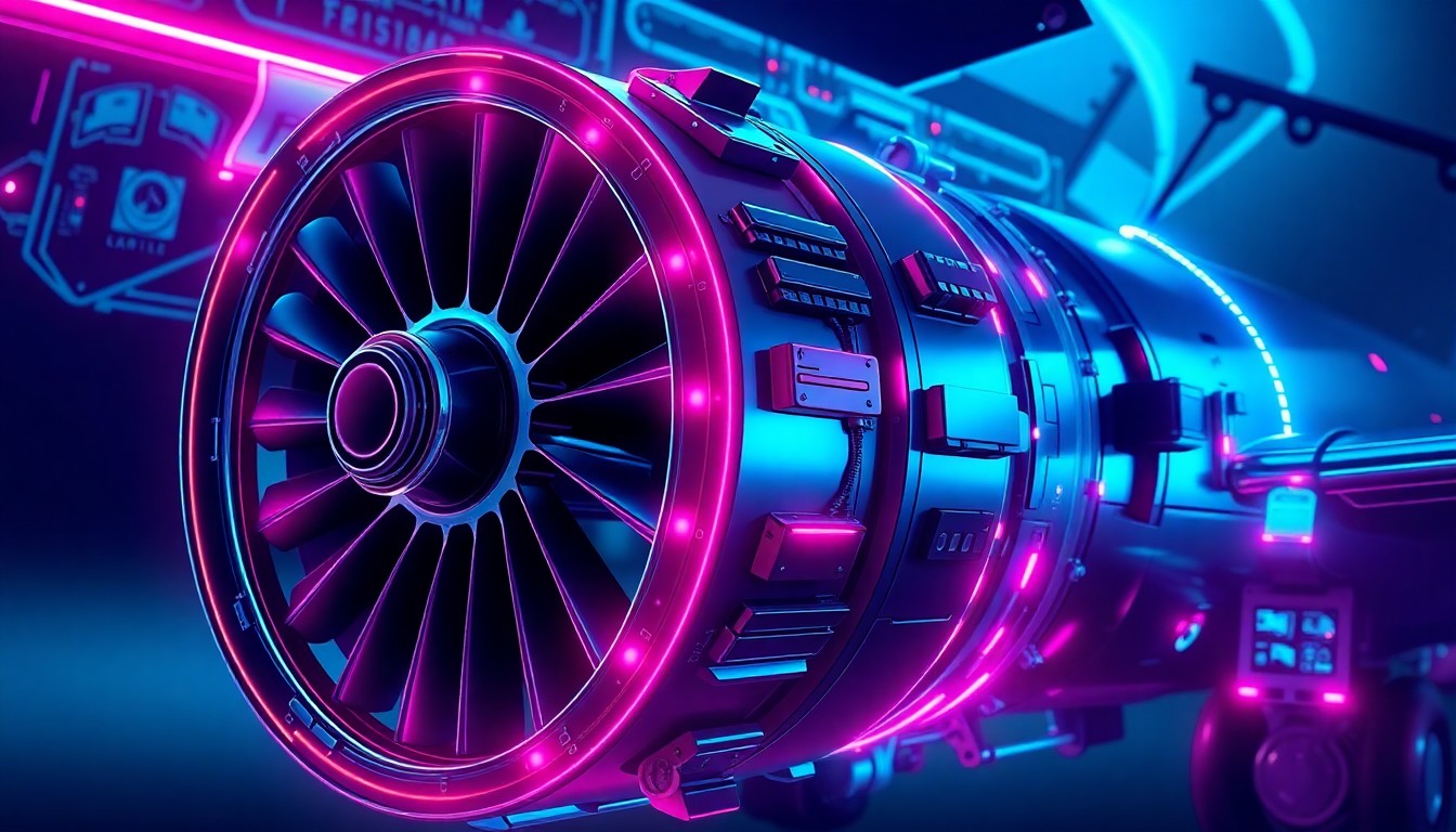 A highly detailed, glowing 3D illustration of an aircraft engine and control systems, with neon cyan and magenta lights illuminating the intricate mechanical components, conceptually representing the complex technology involved in modern aviation and the importance of maintaining this infrastructure to ensure flight safety.
